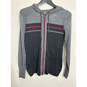 Eddie Bauer Two-Tone Zip-Up Hoodie with Red Stripe Detail Grey & Black Knit M